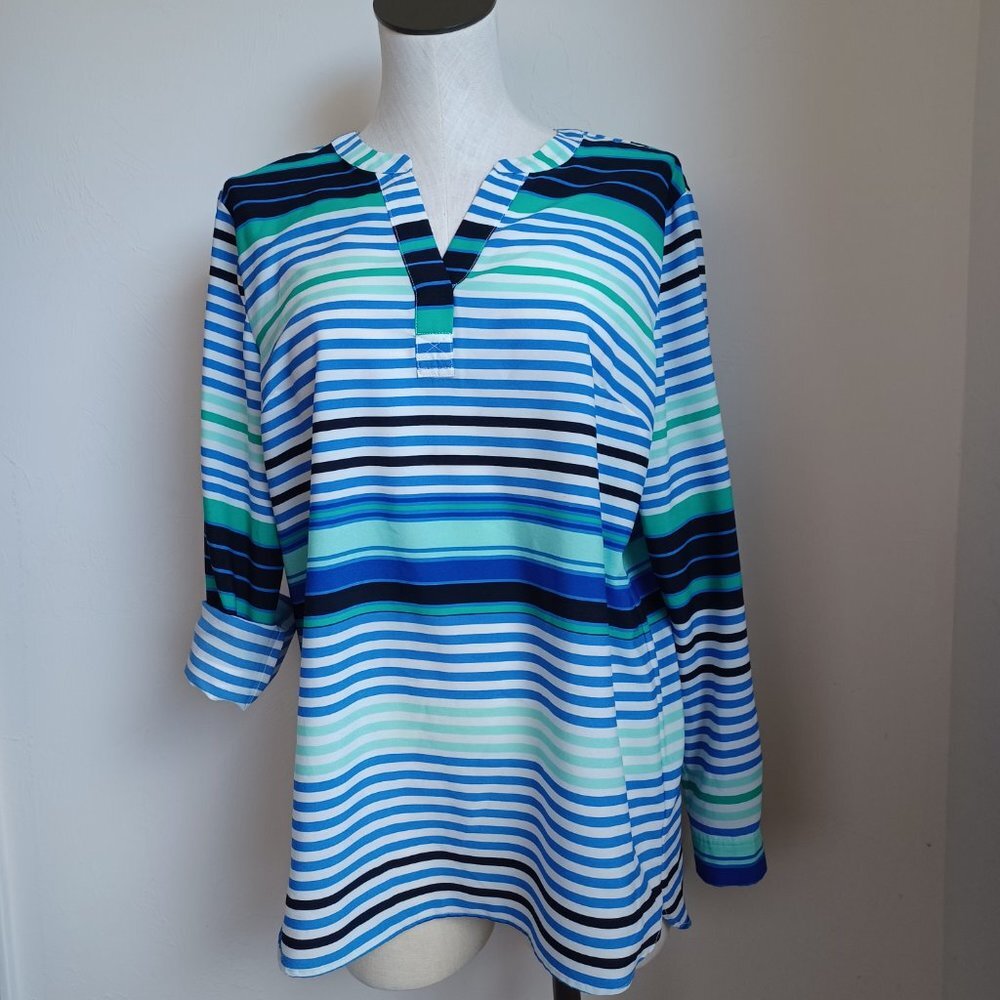 Talbots Blouse Stripe Roll Tab Sleeve Tunic Length Size Large - Picture 2 of 16